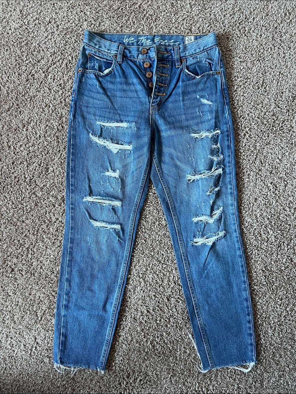 We The Free Distressed Blue Boyfriend Jeans with Button-Fly